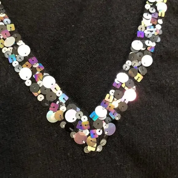 McDuff Womens 100% Cashmere V-Neck Sweater Sz L Black Sequin Soft - Picture 3 of 7